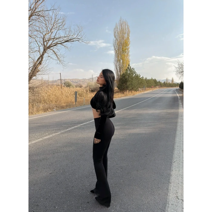 Siyah Ribanalı Yüksek Bel Tayt