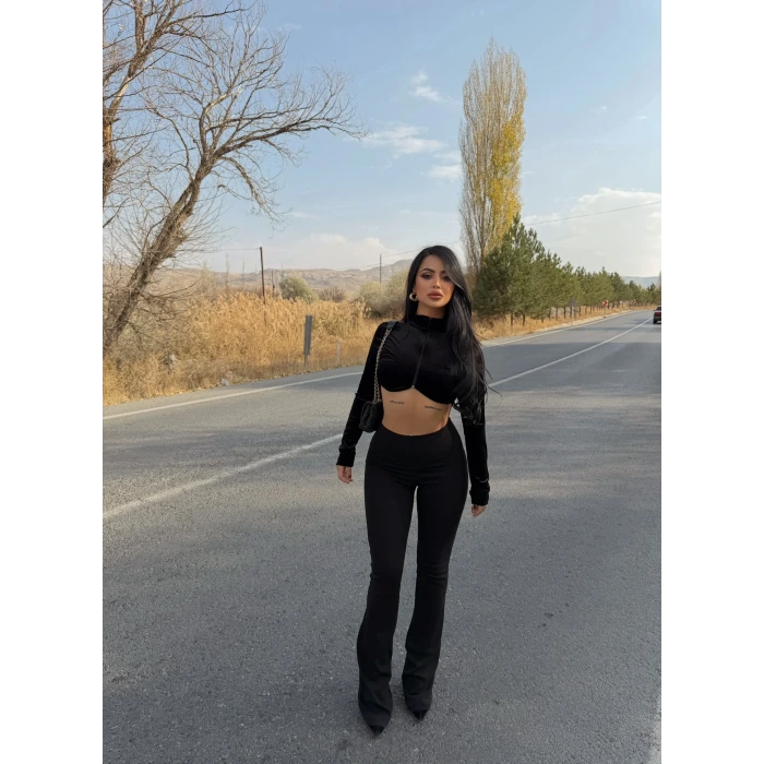 Siyah Ribanalı Yüksek Bel Tayt