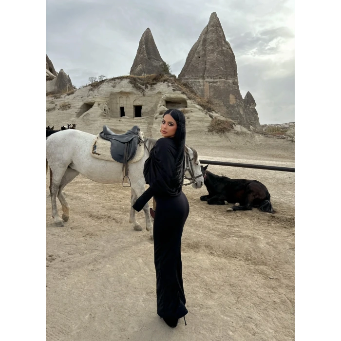 Siyah Şal Yaka Maxi Elbise