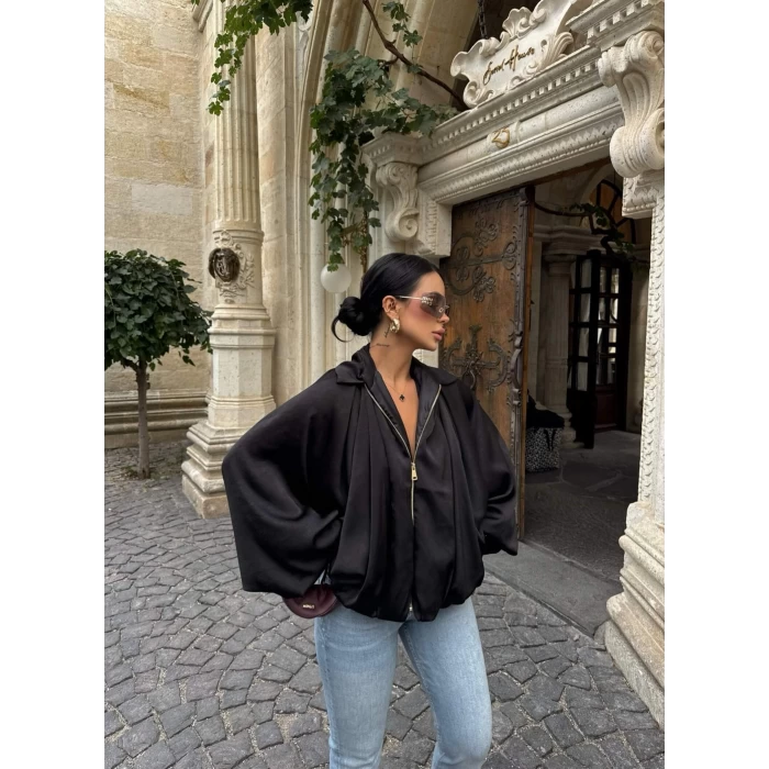 Siyah Saten Yarasa Bomber Ceket