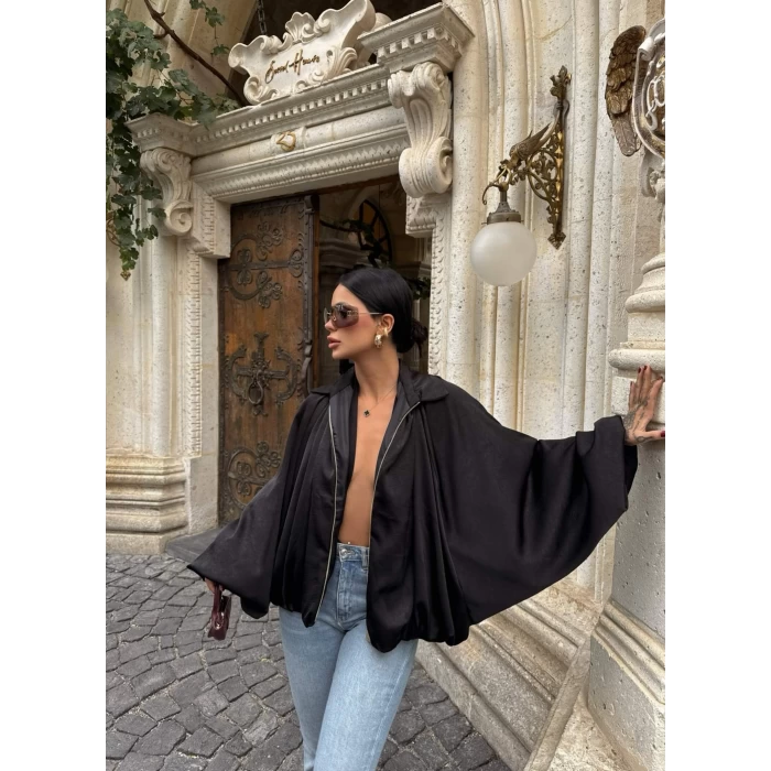Siyah Saten Yarasa Bomber Ceket
