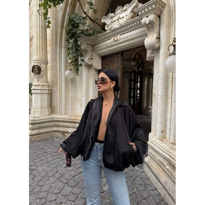 Siyah Saten Yarasa Bomber Ceket