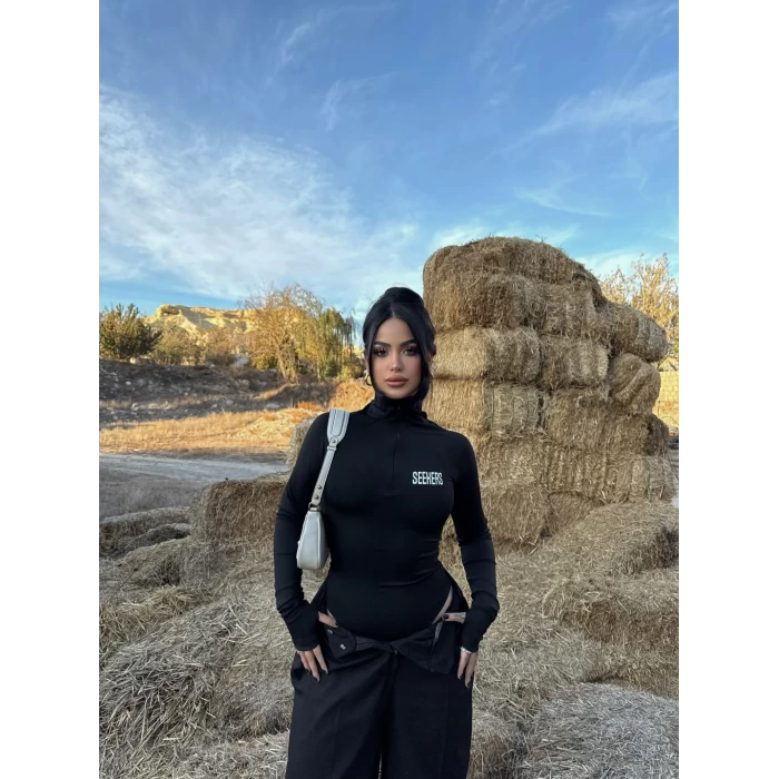 Siyah Seekers Fermuarlı Dalgıç Bodysuit