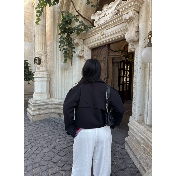 Siyah Short Kruvaze Trençkot