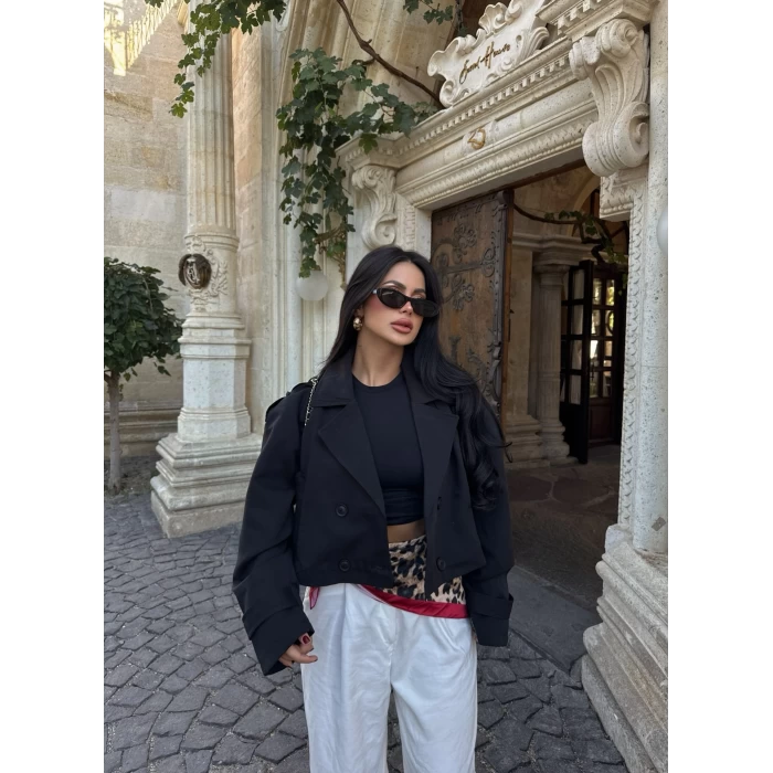 Siyah Short Kruvaze Trençkot