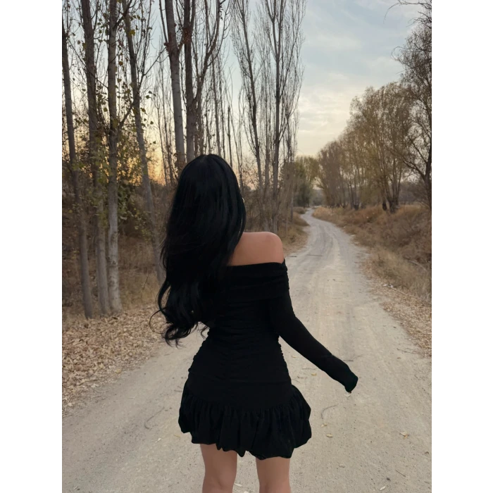 Siyah Simli Balon Etek Elbise