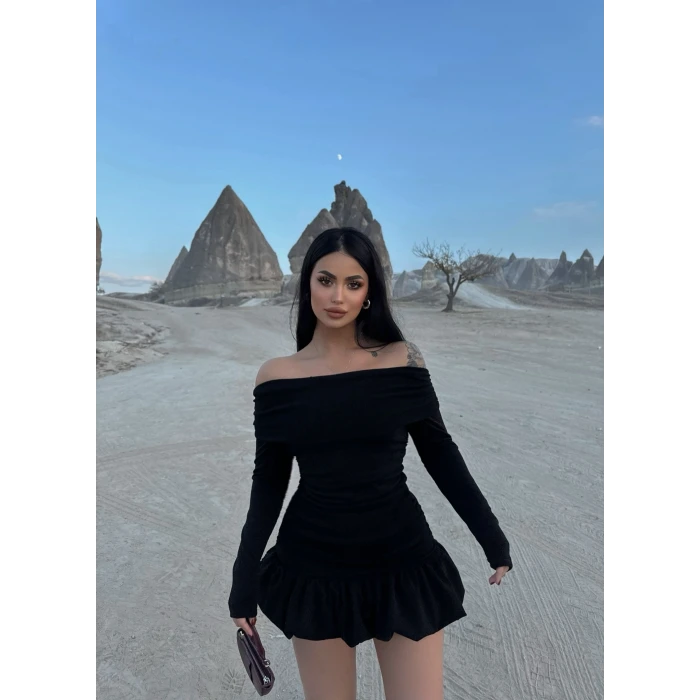 Siyah Simli Balon Etek Elbise