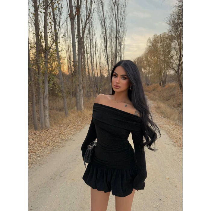 Siyah Simli Balon Etek Elbise