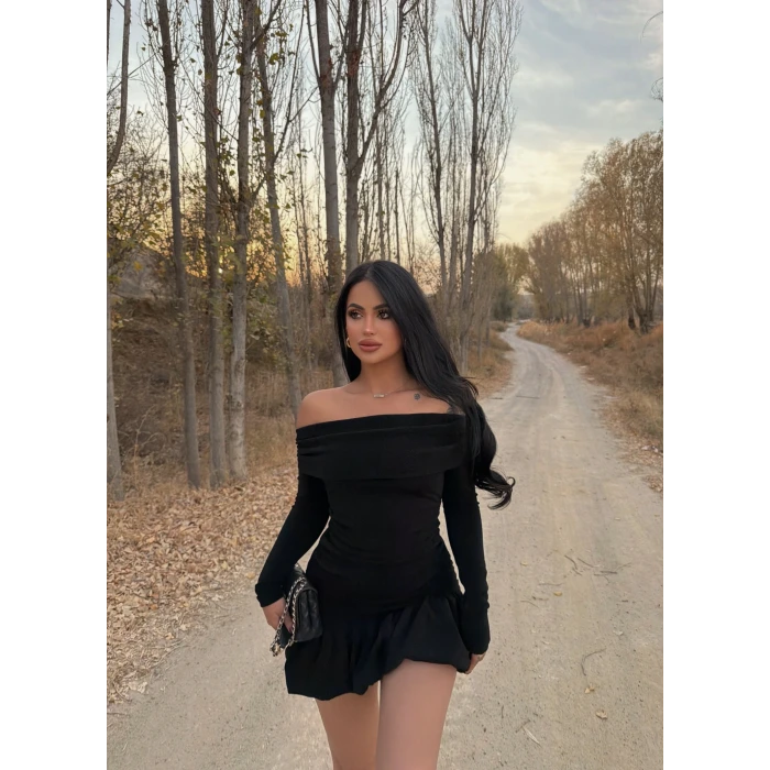 Siyah Simli Balon Etek Elbise