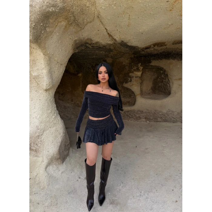 Siyah Simli Etek Bluz İkili Takım