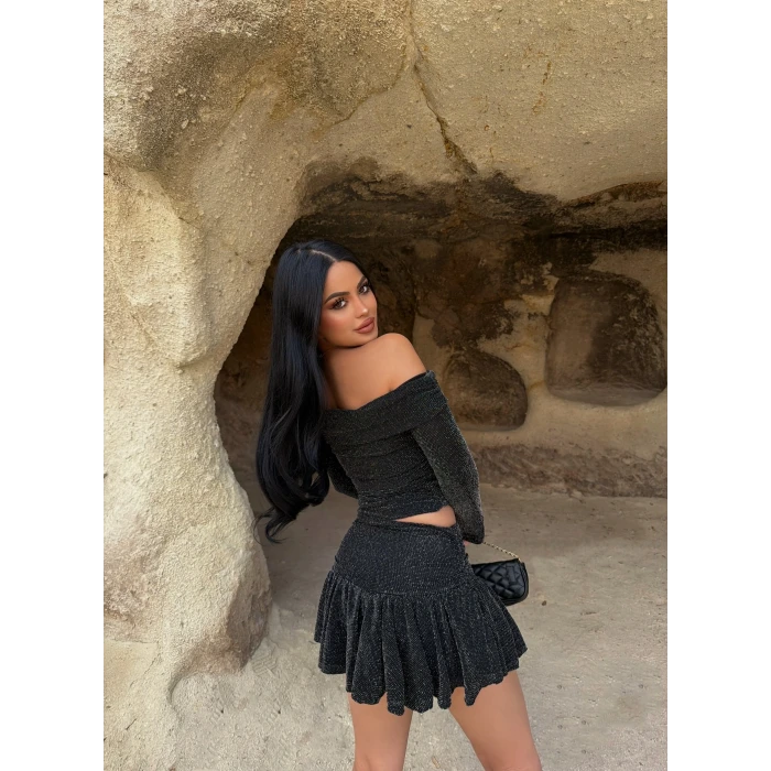 Siyah Simli Etek Bluz İkili Takım