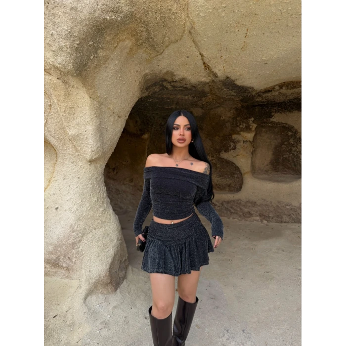 Siyah Simli Etek Bluz İkili Takım