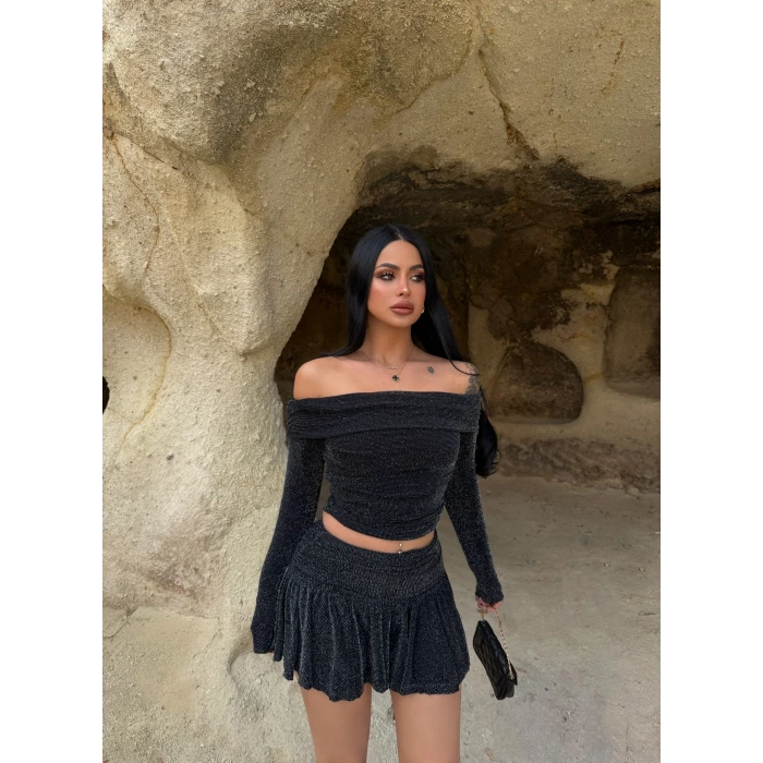 Siyah Simli Etek Bluz İkili Takım