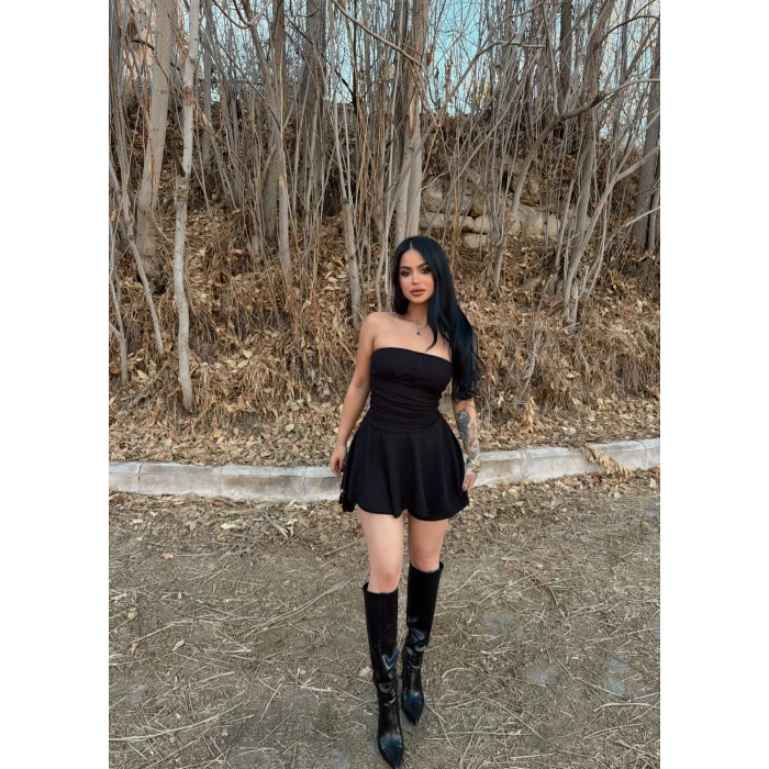 Siyah Simli Straplez Elbise