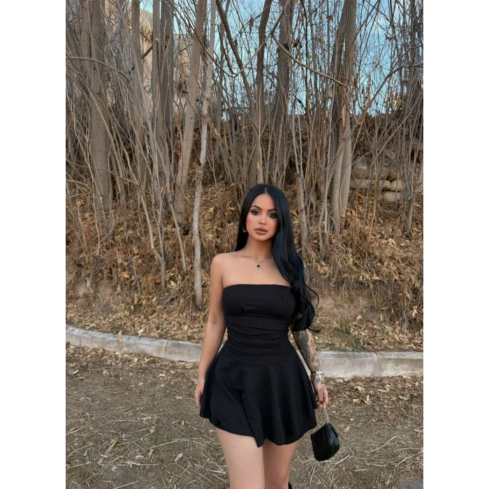 Siyah Simli Straplez Elbise