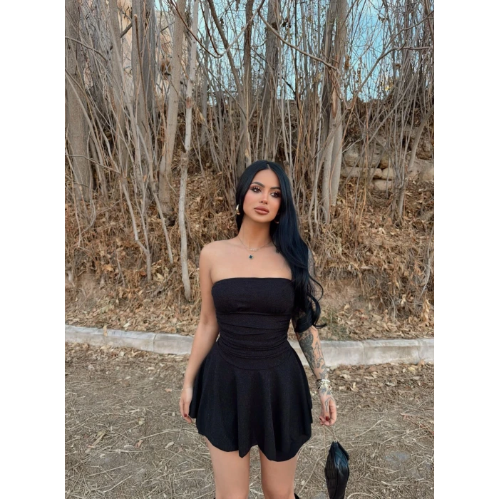 Siyah Simli Straplez Elbise