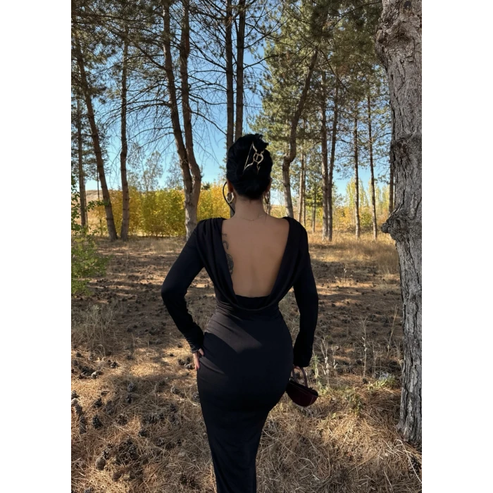 Siyah Sırt Degaje Sandy Elbise