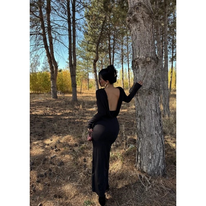 Siyah Sırt Degaje Sandy Elbise