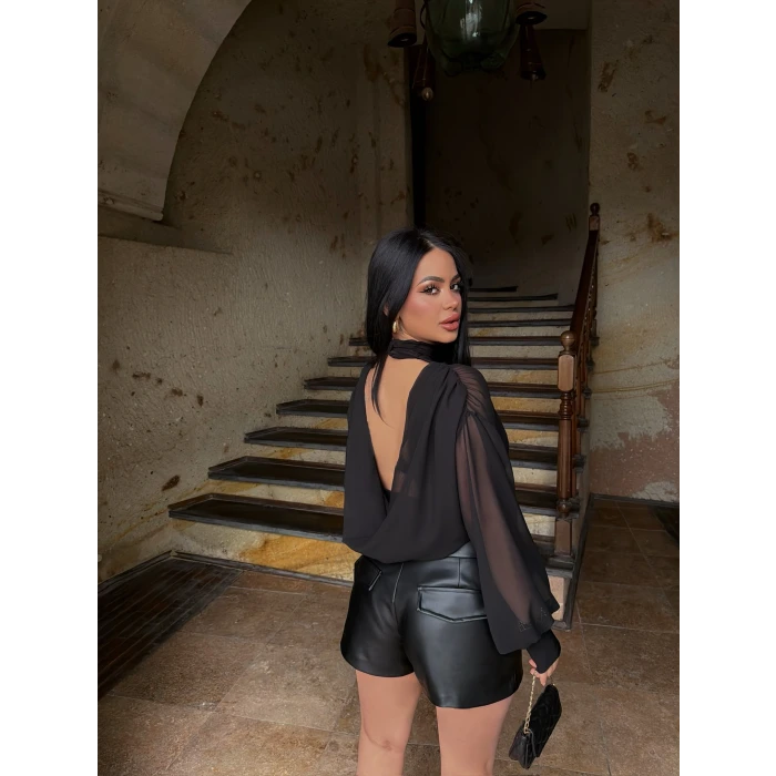Siyah Sırt Degaje Tül Şifon Bodysuit