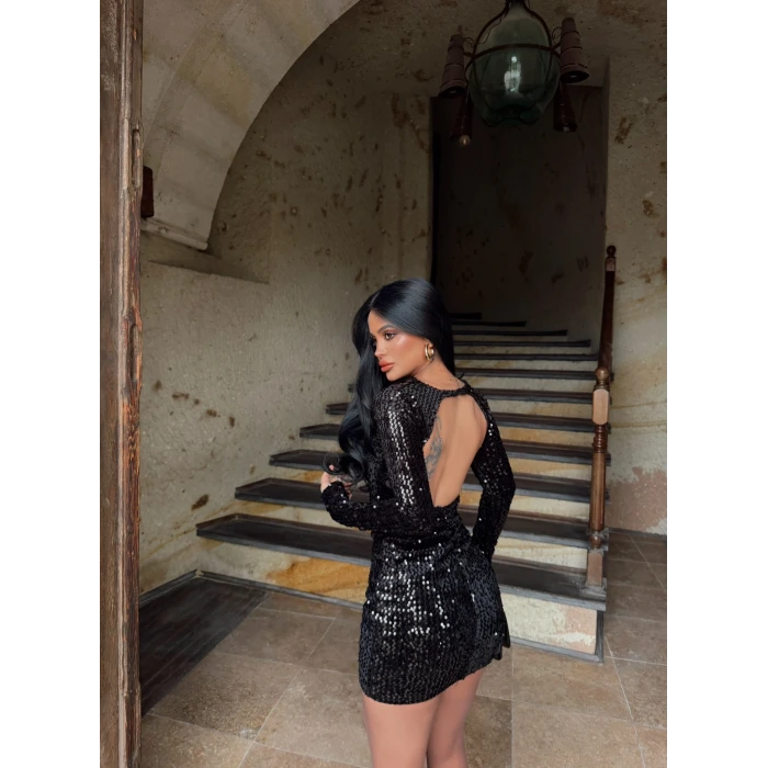 Siyah Sırt Dekolte Payetli Elbise