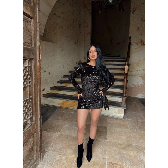 Siyah Sırt Dekolte Payetli Elbise