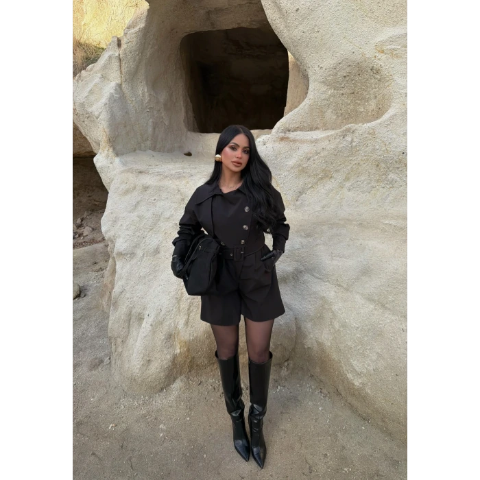 Siyah Şortlu Trenç Tulum