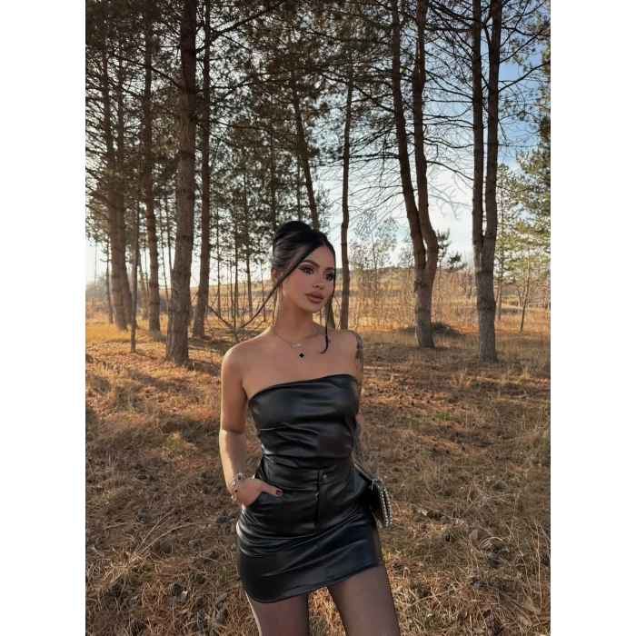 Siyah Straplez Etek Deri Takım