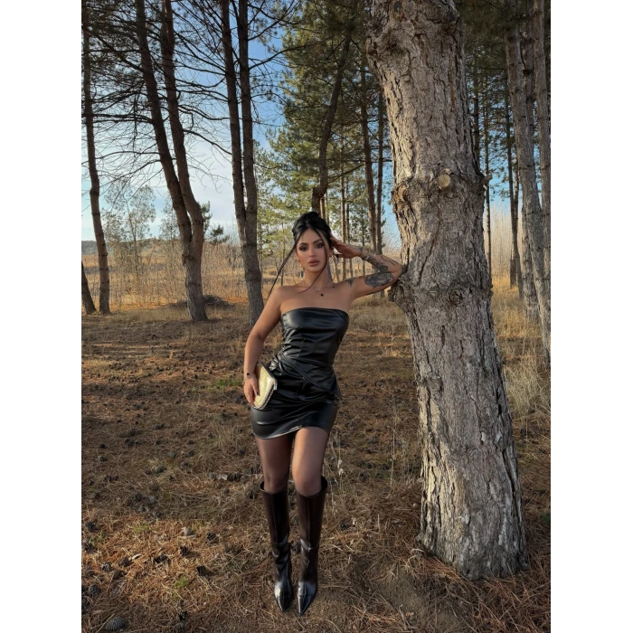 Siyah Straplez Etek Deri Takım