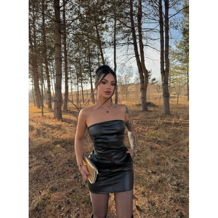 Siyah Straplez Etek Deri Takım