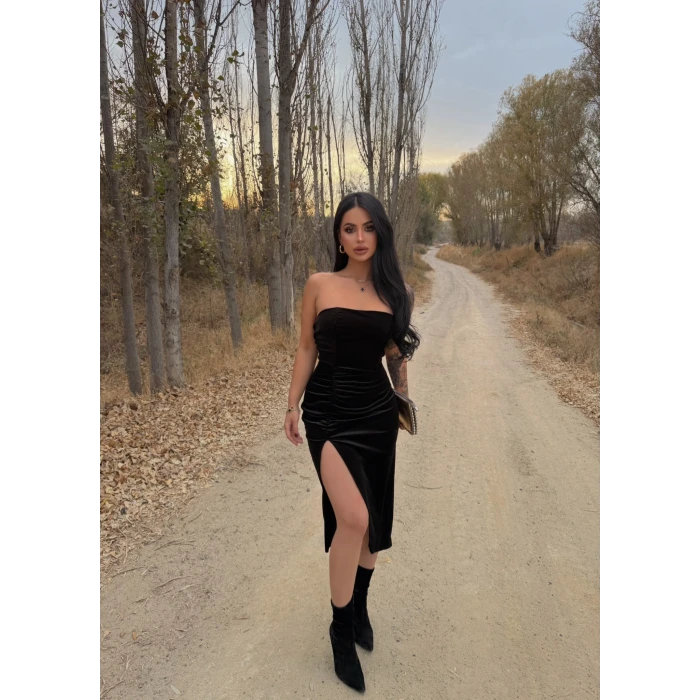 Siyah Straplez Kadife Elbise