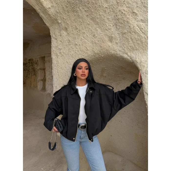 Siyah Süet Oversize Bomber Mont