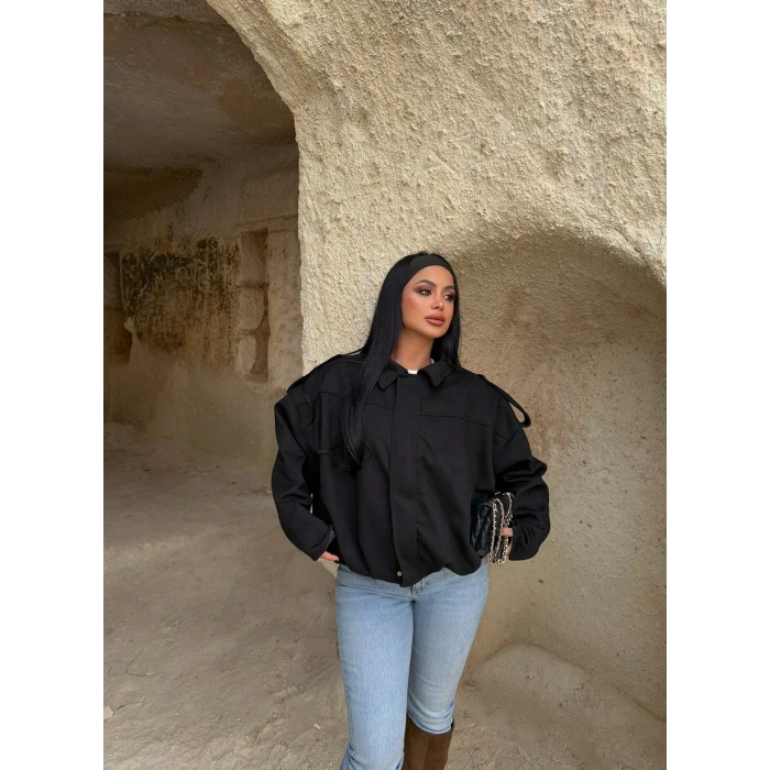 Siyah Süet Oversize Bomber Mont