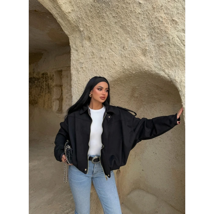 Siyah Süet Oversize Bomber Mont