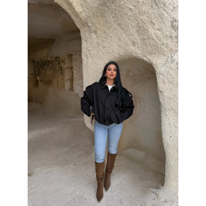 Siyah Süet Oversize Bomber Mont