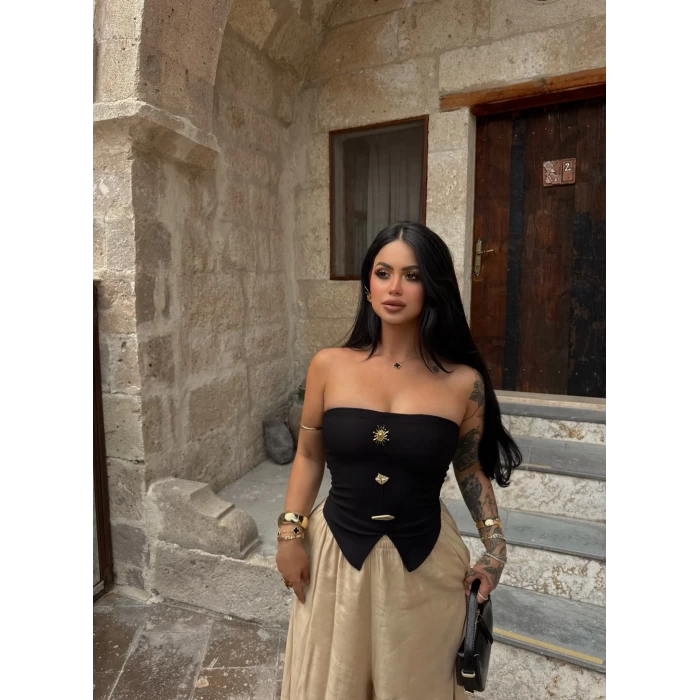 Siyah Sun Aksesuarlı Straplez Crop