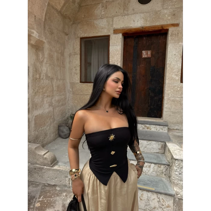 Siyah Sun Aksesuarlı Straplez Crop
