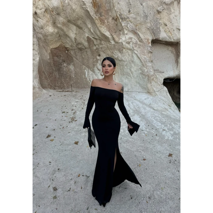 Siyah Tek Yırtmaçlı Madonna Elbise