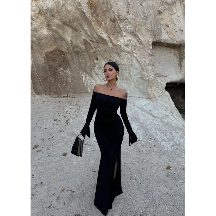 Siyah Tek Yırtmaçlı Madonna Elbise