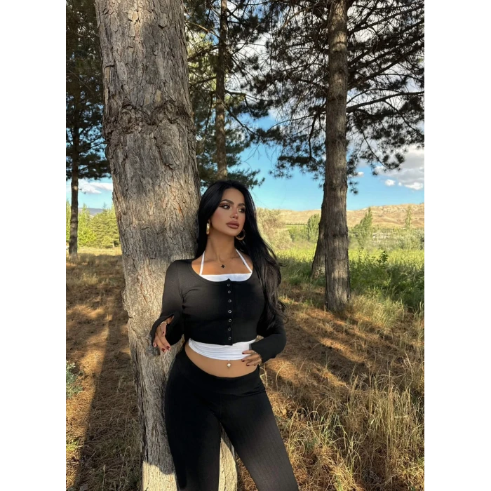Siyah Twist Çıtçıtlı Crop Set