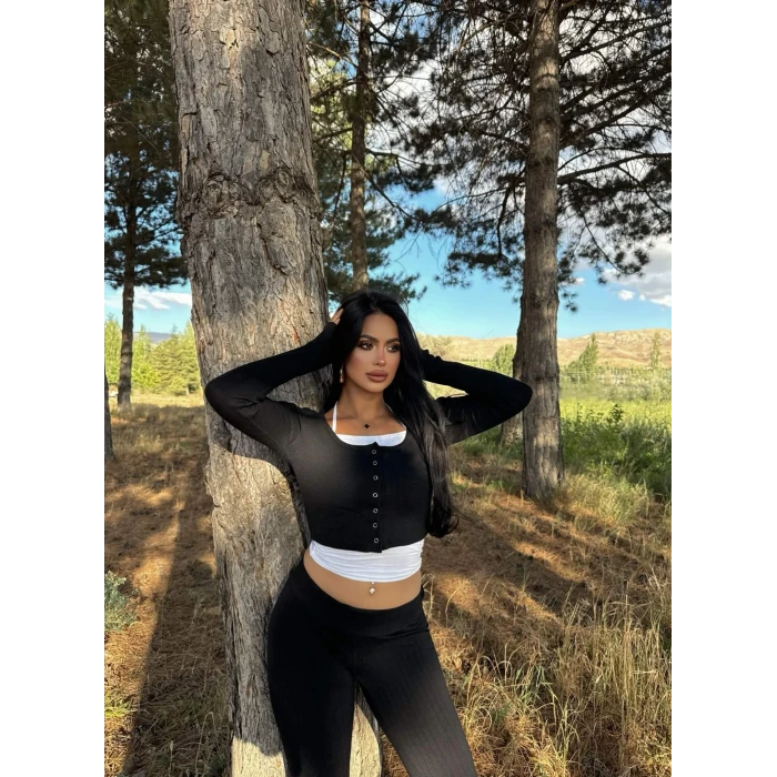 Siyah Twist Çıtçıtlı Crop Set