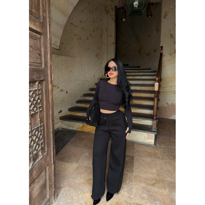 Siyah Üç İplik Stoperli Eşofman Altı