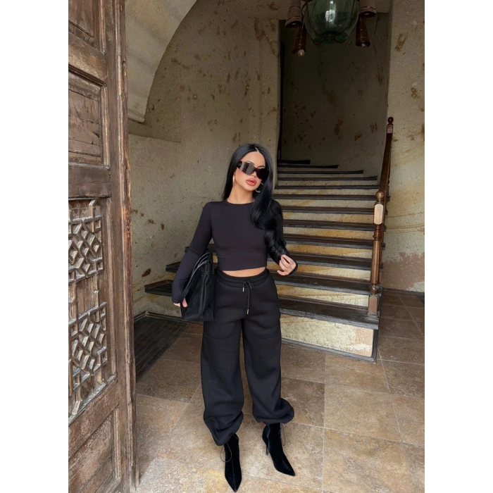 Siyah Üç İplik Stoperli Eşofman Altı