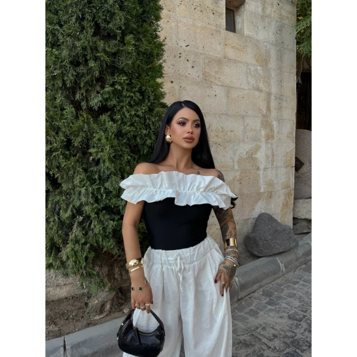 Siyah Yaka Fırfırlı Fitilli Crop