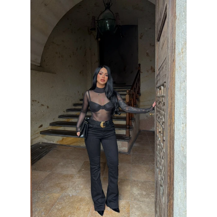 Siyah Yüksek Bel Likralı İspanyol Pantolon