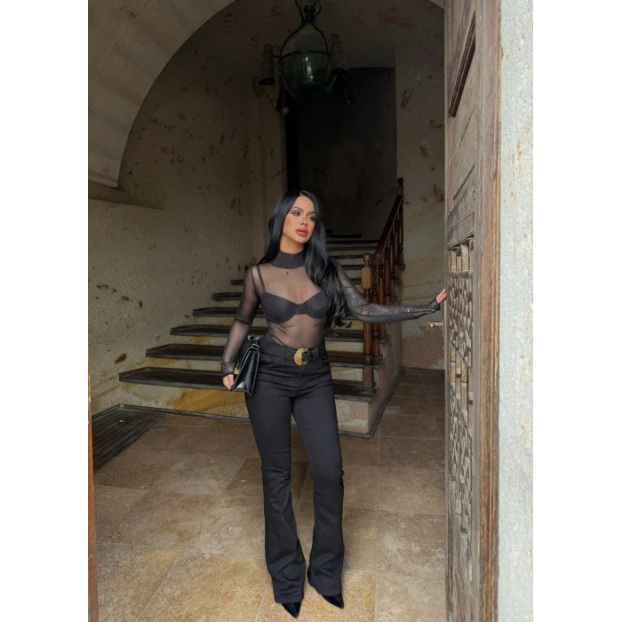 Siyah Yüksek Bel Likralı İspanyol Pantolon