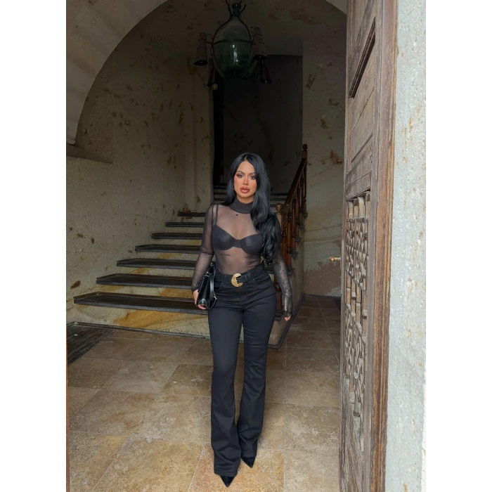 Siyah Yüksek Bel Likralı İspanyol Pantolon