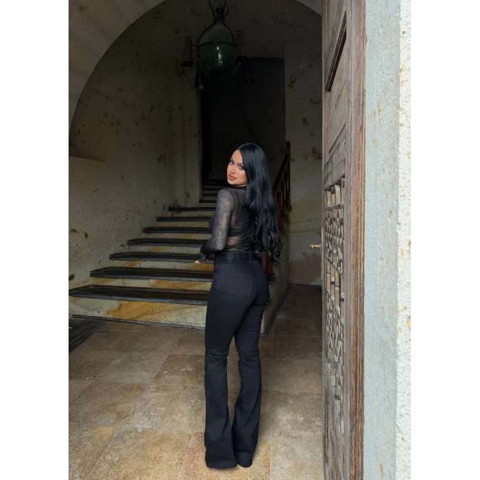 Siyah Yüksek Bel Likralı İspanyol Pantolon