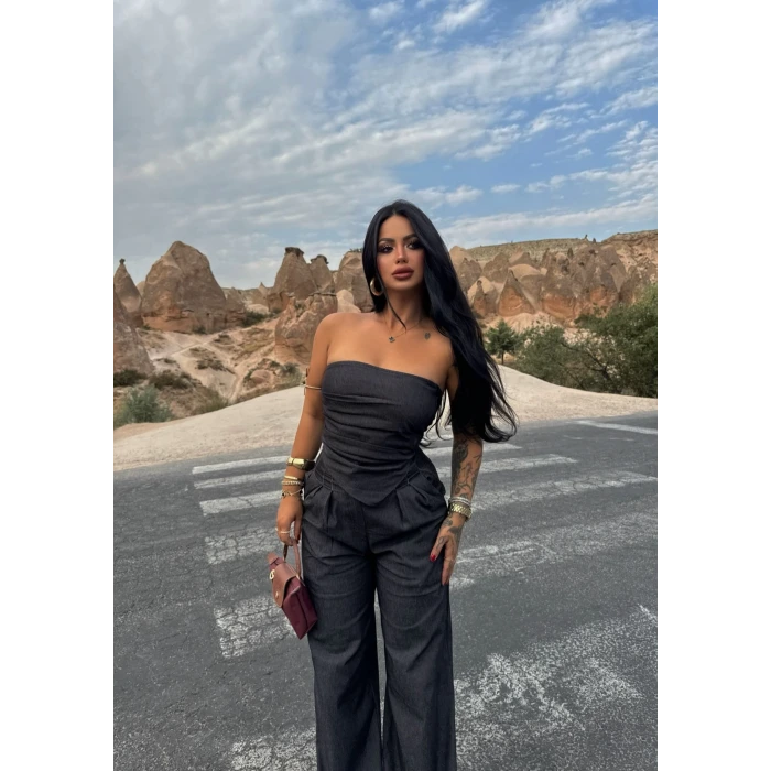 Straplez Denim İkili Takım