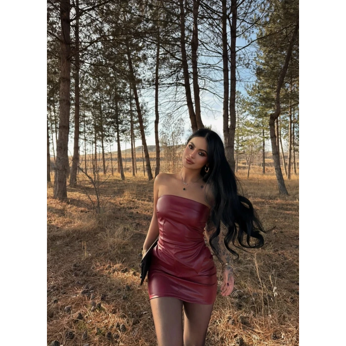 Bordo Straplez Etek Deri Takım