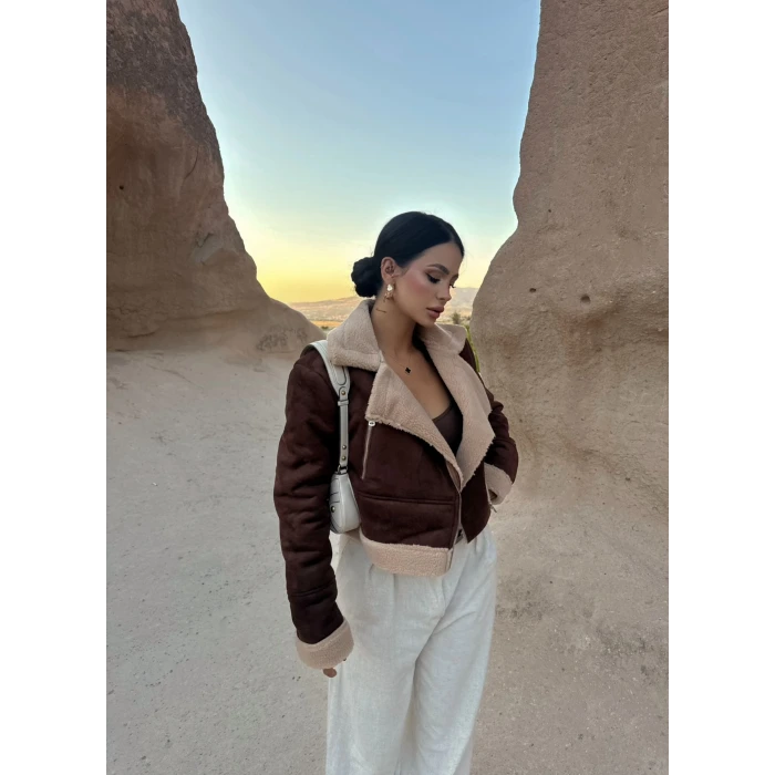 Kahve Süet İçi Kürklü Mont